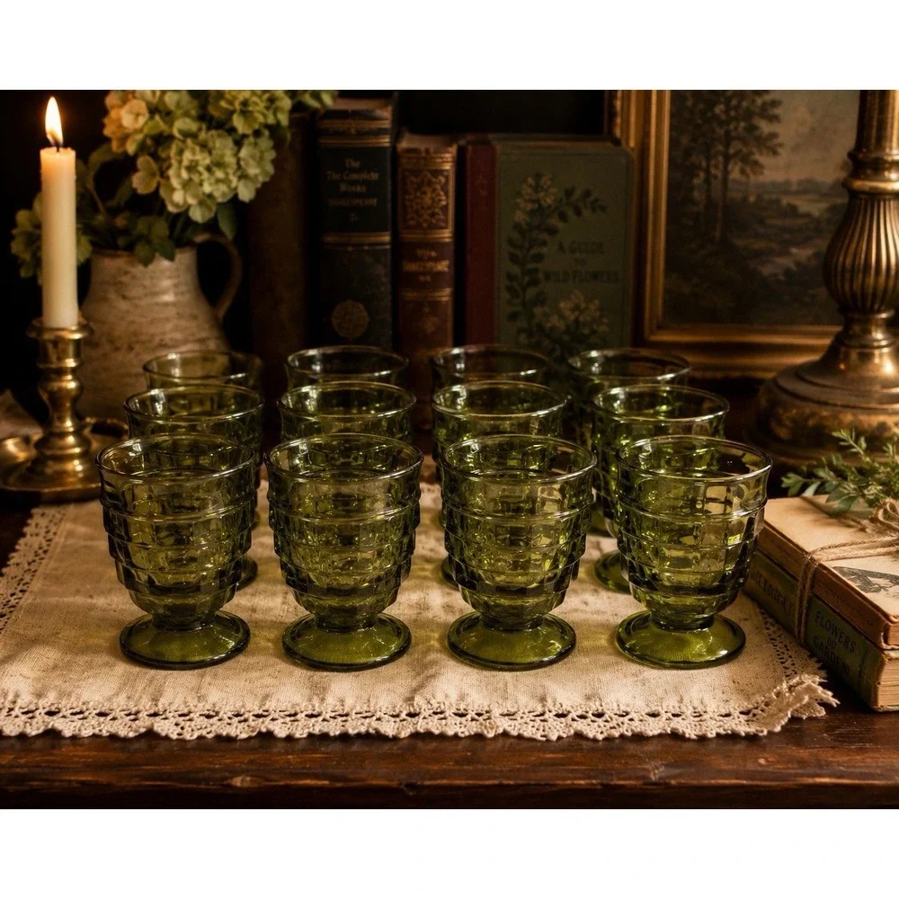 Vtg Indiana Glass Whitehall Cubist Olive Green Set of 12 Pedestal Water Goblets